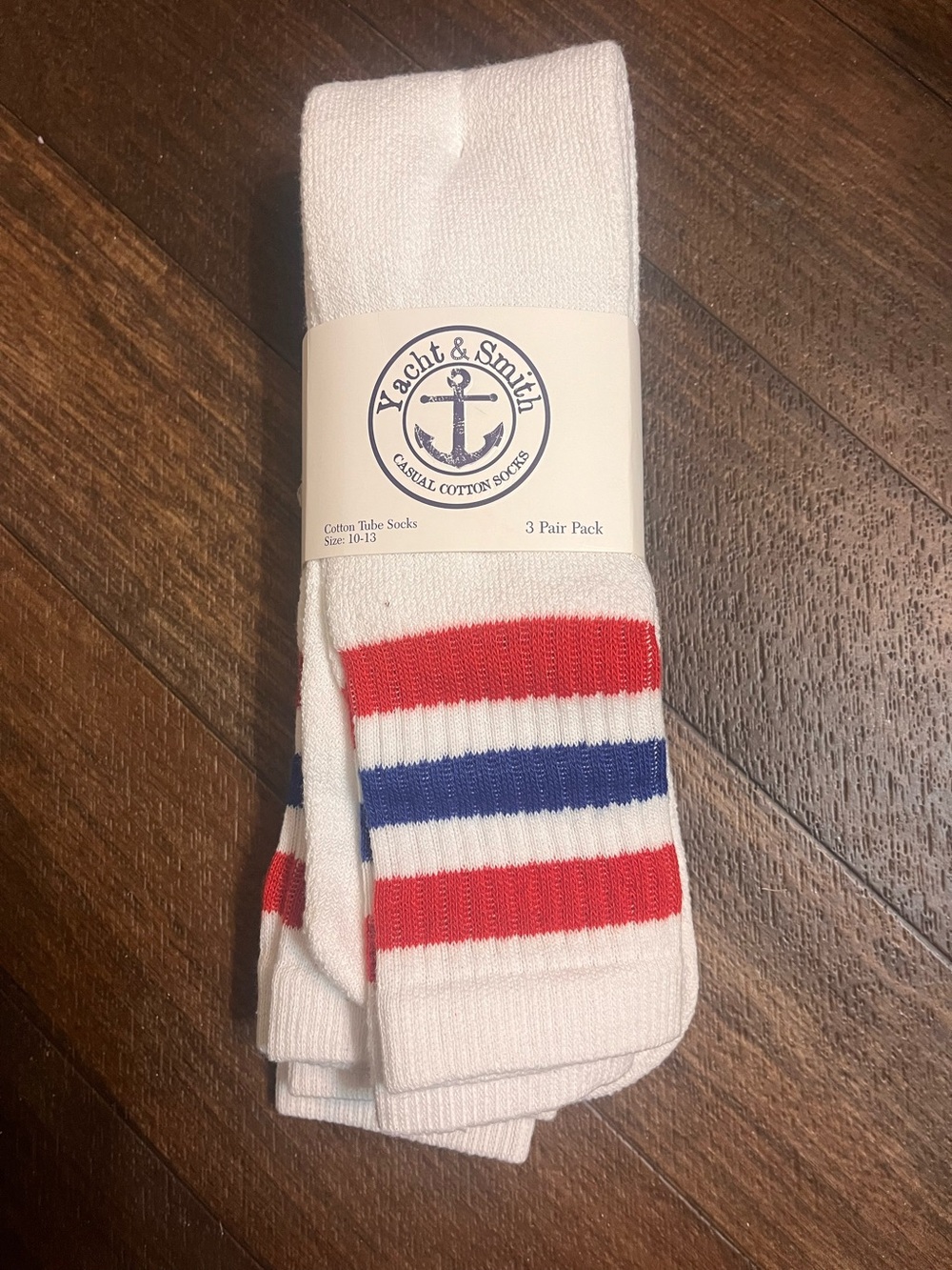 White Cotton Tube Socks with Red & Blue Stripes